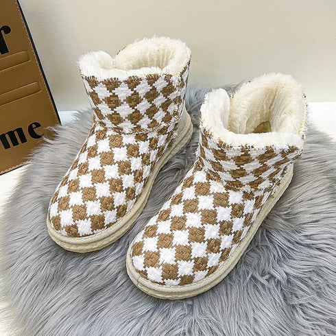 New Fashion Chessboard Plush Thickened Bottom Snow Boots
